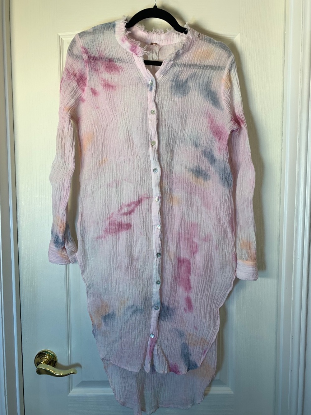 Free People Crinkled Tie Dye Tunic Blouse XS Pastel Pink Boho Gauze Shirt